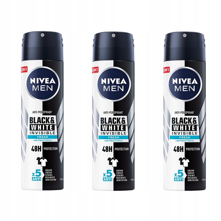Szett 3 x NIVEA Men Black&White Invisible Fresh izzadásgátló spray, 150 ml, 48 órás védelem, fehér vagy sárga foltok nélkül