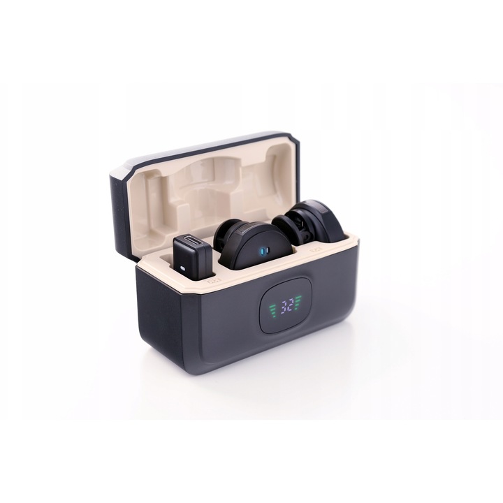 Microfon lavalier wireless Novox One Air V2, Plug and Play, reducere inteligenta a zgomotului, doua transmitatoare, etui incarcare 1500 mAh cu LED, negru, set