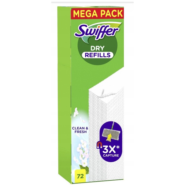 Swiffer Dry Clean & Fresh, 72 törlőkendő készlet, 3x hatékonyság, friss illat, minden kemény felületre