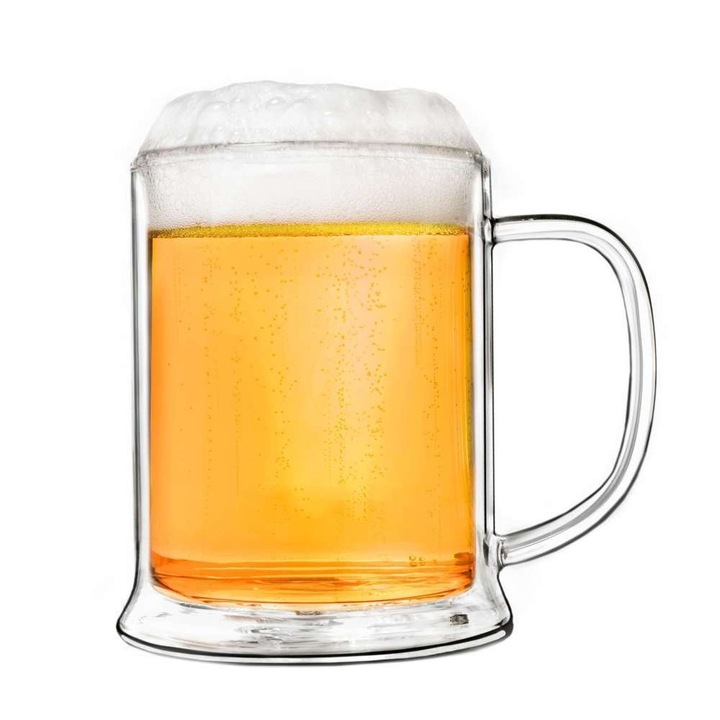 Halba termica Creano pentru bere, 500 ml, sticla borosilicata, perete dublu, cu maner