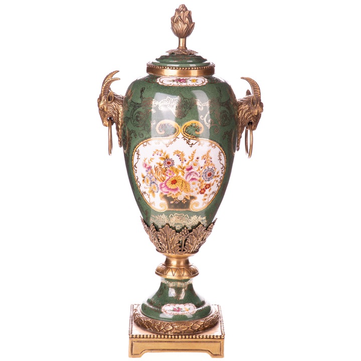 Amforă decorativă din porțelan verde cu bronz, stil clasic baroc, 50x25x18cm