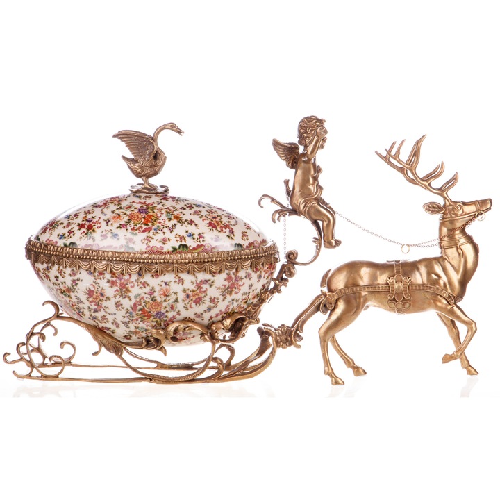 Cutie decorativă din porțelan cu capac, sanie cu ren și îngeraș, detalii din bronz, 23x15cm