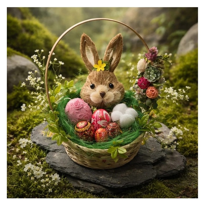 Aranjament decorativ de Paște, victiny, figurine iepure și ouă din lemn, cu lumanare parfumată, flori uscate