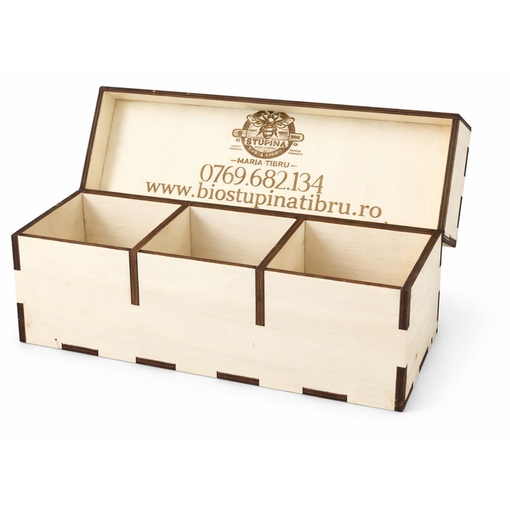 Cutie din lemn cu 3 compartimente, capac gravat, handmade, 30x20x10cm