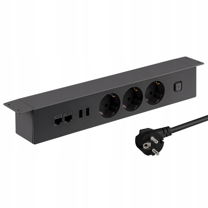 Контакт под плот Spacetronik ERGOLINE SPSU38B_V2, 3 гнезда 110-250 V, двойно USB зарядно, черен, 1,8 м