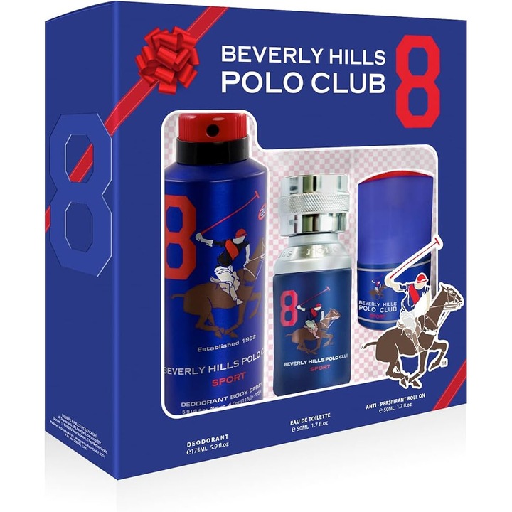 Set Beverly Hills Polo Club: 1982 - Sport 8, Apa de toaleta, Pentru barbati, 50 ml + 1982 - Sport 8, Anti-Perspirant, Deodorant Spray, Pentru barbati, 175 ml + 1982 - Sport 8, Anti-Perspirant, Deodorant Roll-On, Pentru barbati, 50 ml