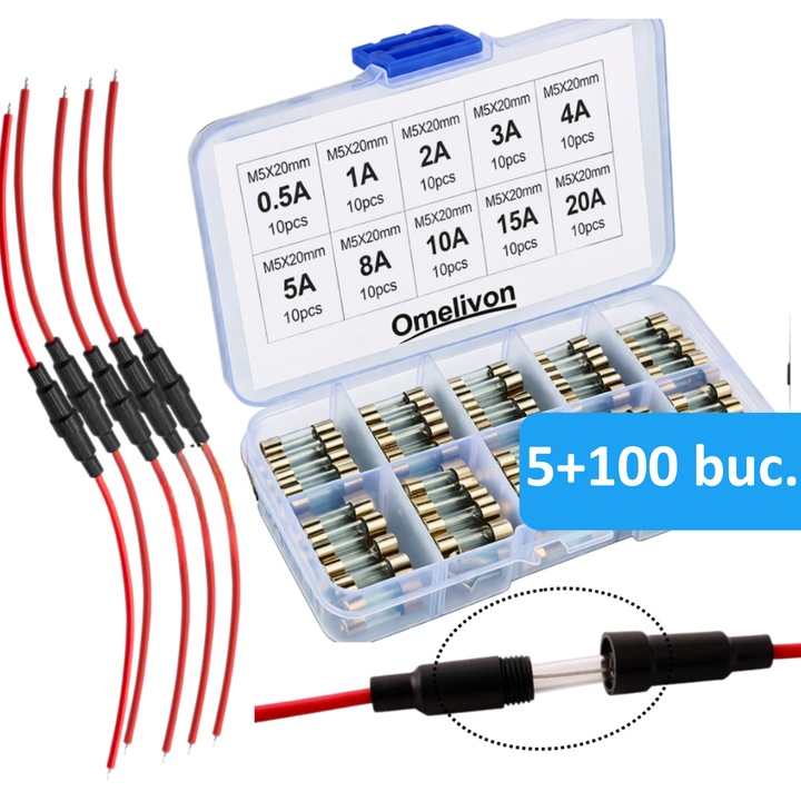 Set sigurante fuzibile sticla 100 buc + 5 suporturi (holder), 5x20mm, 0.2A–20A, tub sticla, kit sigurante electrice valori diverse pentru protectie circuite