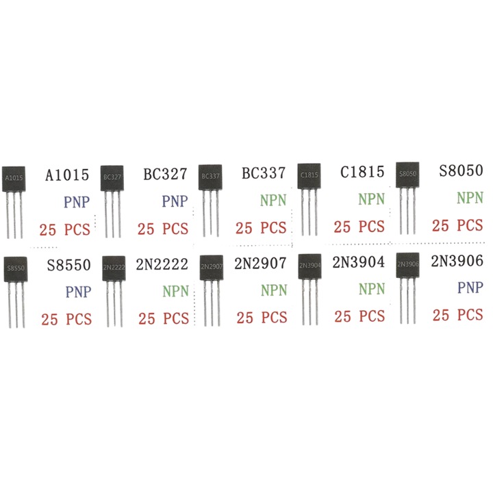 Tranzistor TO-92 Set 250 PCS – 10 modele PNP/NPN pentru robotica, experimente electronice si prototipare DIY
