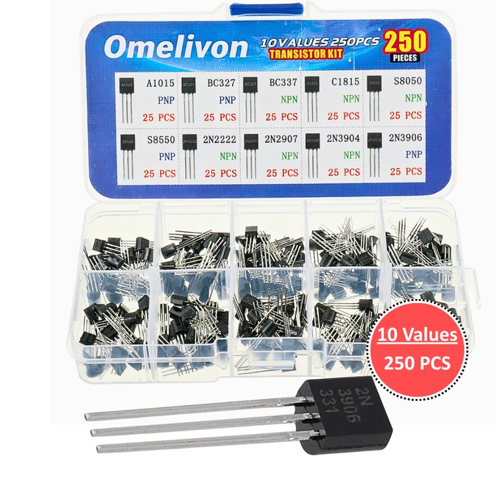 Tranzistor TO-92 Set 250 PCS – 10 modele PNP/NPN pentru robotica, experimente electronice si prototipare DIY