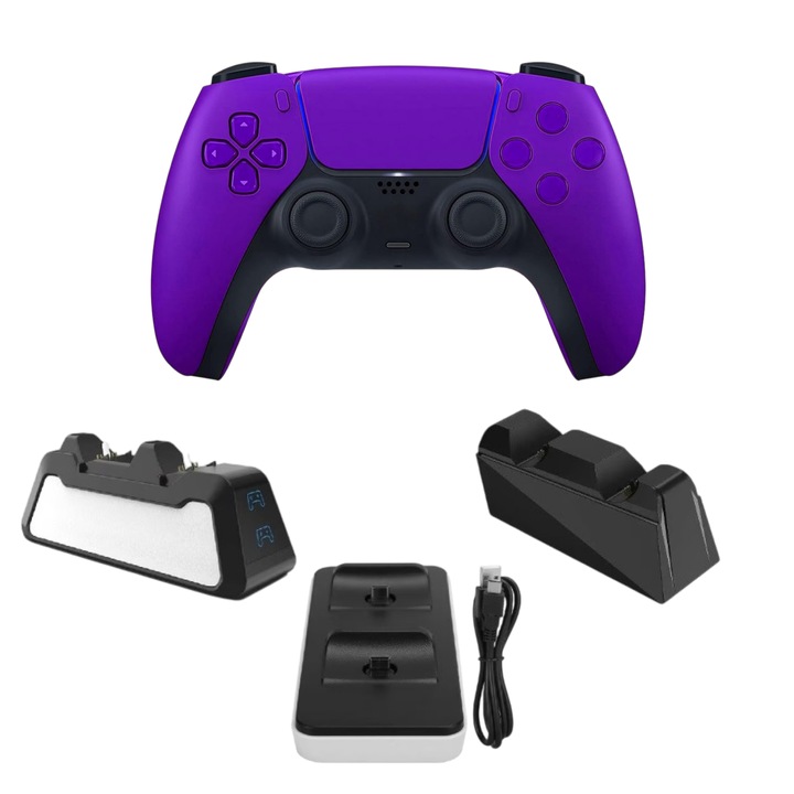 Set Statia Incarcare Duala PS5 si Controller Wireless PS5, controller compatil doar cu jocurii din PS4, PS 4, PS 4 PRO-SLIM, PC Games D-INPUT si X-INPUT, AM-13, DualSense, Speaker Incorporat, Ecran Tactil, Vibratii, mov, HAPPY JOKER®
