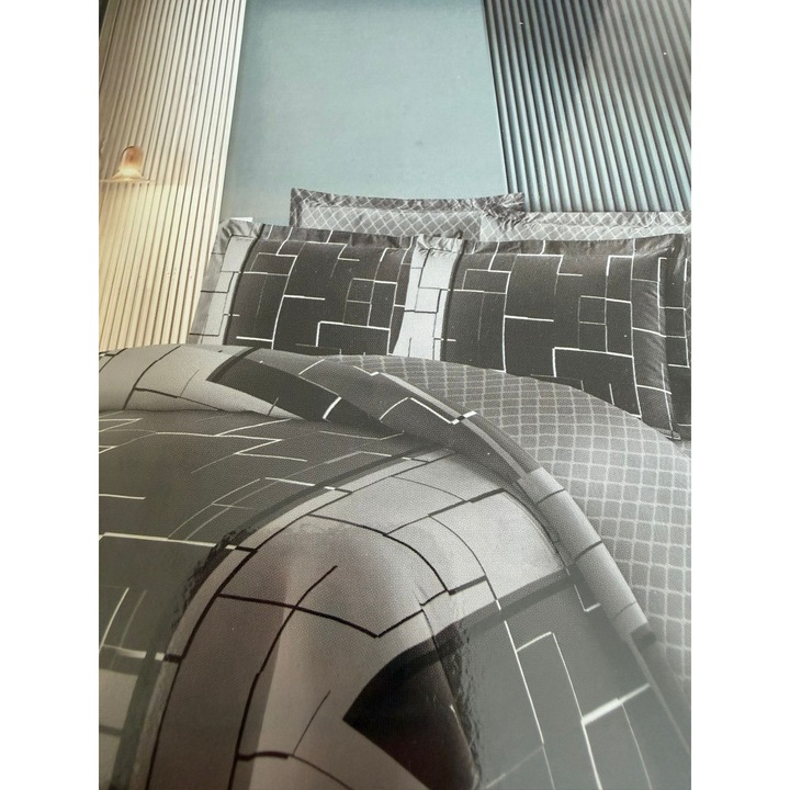 Lenjerie de Pat TERRA RELAX din Bumbac Finet, Design Geometric Modern Negru-Gri, 4 piese