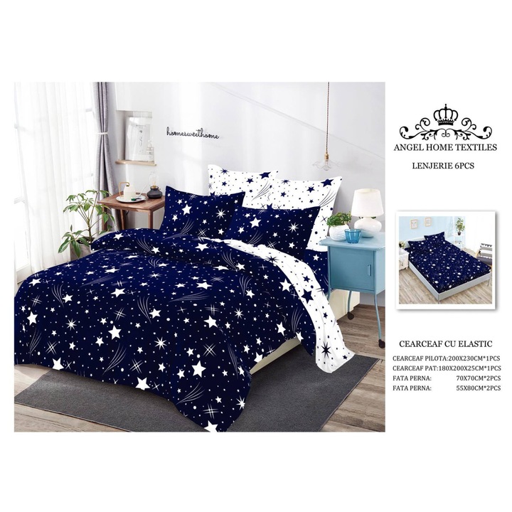 Lenjerie finet 6 piese Casa Pucioasa, albastru, pentru 2 persoane, dimensiuni cearceaf 200x230cm, cearceaf cu elastic 180x200x25cm