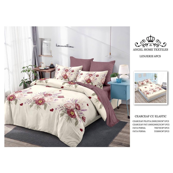 Lenjerie finet 6 piese Casa Pucioasa, 200x230cm, 180x200cm, 70x70cm, 55x80cm, multicolor