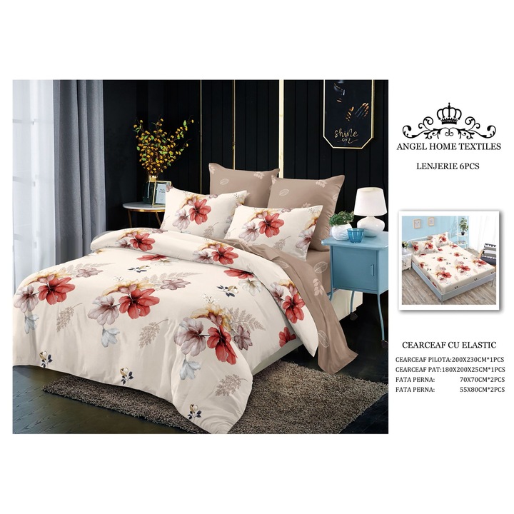 Lenjerie finet Casa Pucioasa, 6 piese, 200x230cm, 180x200x25cm, multicolor