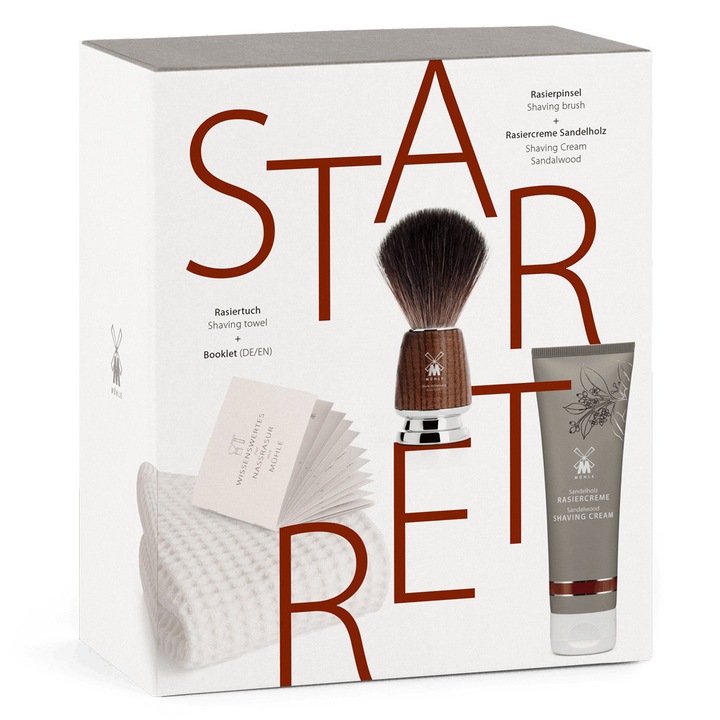 Set de barbierit Muehle, pamatuf din lemn de frasin cu Black Fibre, crema de ras din lemn de santal 75g, prosop din bumbac organic
