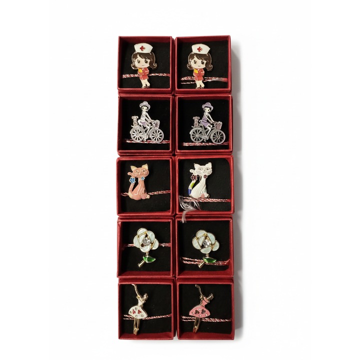 Set Martisor Brosa Premium, Modele Meserii si Hobby-uri (Asistenta, Balerina, Biciclista), Email Colorat si Cristale, Cutie Cadou Rosie