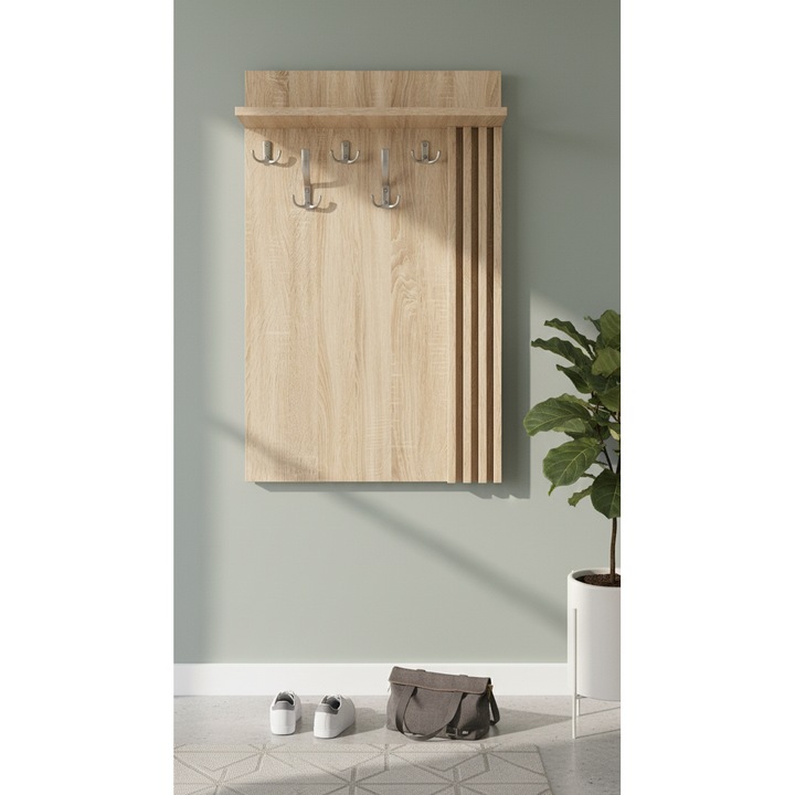 Cuier de perete cu polita, 5 agatatori, PAL melaminat Sonoma Oak, 650 x 1000 mm, design modern