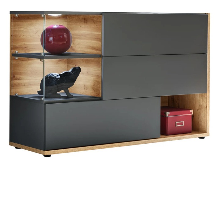 Comoda moderna, push open, 120x77x40 cm, gri antracit cu stejar artisan, cu led, cu 3 usi, vitrina sticla securizata, si spatiu gol, Bortis