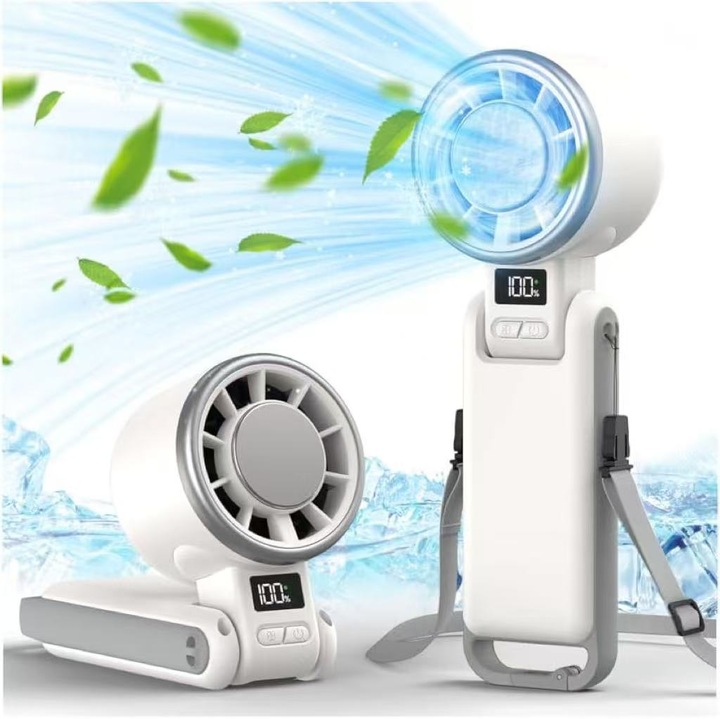 Ventilator portabil de mana imbunatatit — Racire la 15°C, Afisaj digital, Reincarcabil USB, Pliabil la 180°, 5 viteze (pana la 25.550 RPM) Ventilator puternic — Utilizare in mana, la gat sau pe birou — Design 3 in 1 — Ideal pentru vara, calatorii, interio