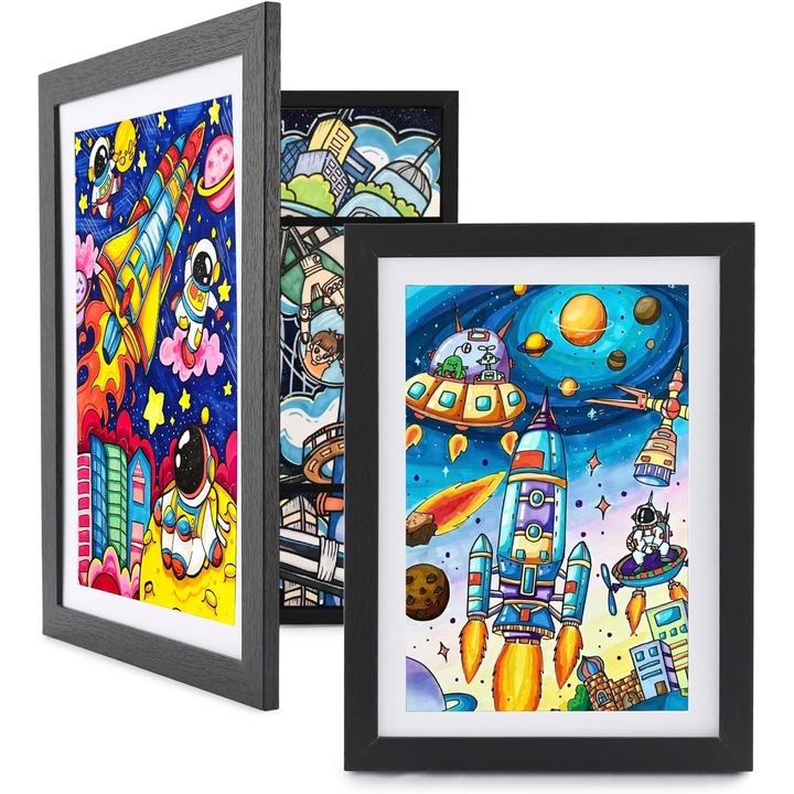 Rama pentru desene copii cu deschidere frontala, capacitate depozitare 150 lucrari arta format A4, inchidere magnetica, sticla acrilica anticasabila, montare usoara fara gaurire, negru