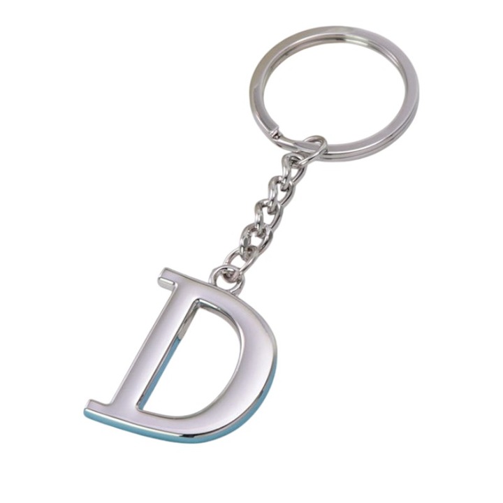 Brelok litera D, metalic, argintiu, 26x35mm, 10cm lungime totala cu lant