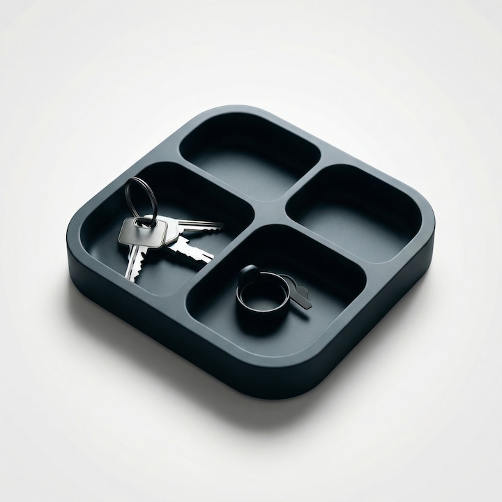 Tava Organizatoare pentru Chei cu 4 Compartimente, Negru, Plastic PLA, 14 cm