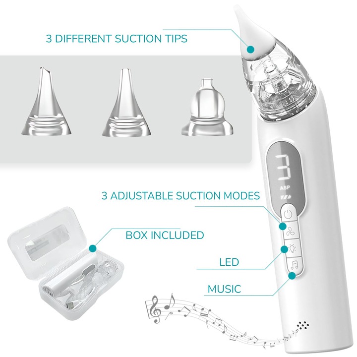 Aspirator Nazal Electric FusionTechX®, 3 Trepte 65 kPa, Muzica si Lumina LED, Portabil, Silentios, USB-C, Cutie depozitare