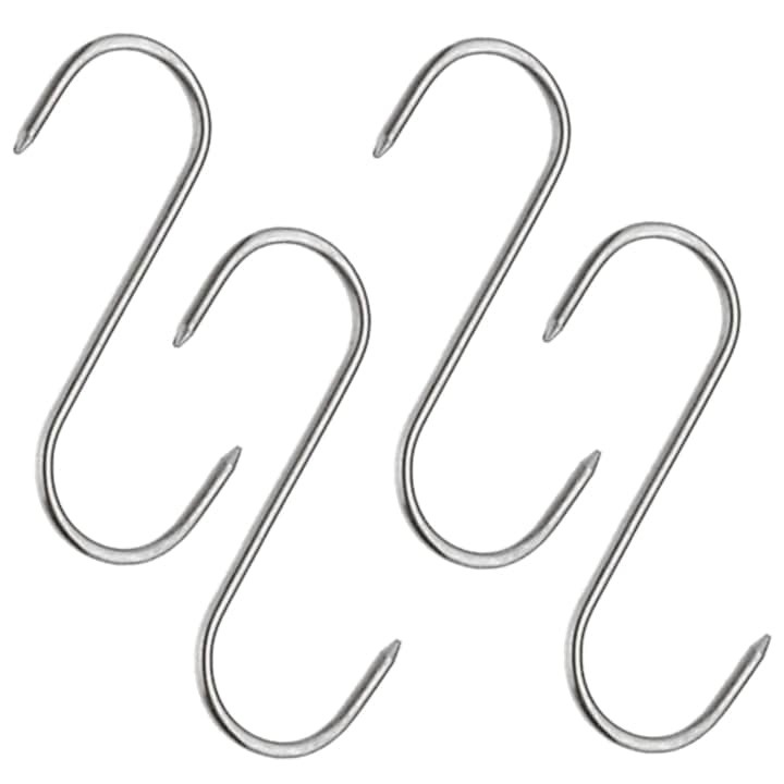 Set 4 carlige inox pentru afumare carne, macelarie, rezistente, sustinere grea, 16 cm, argintiu