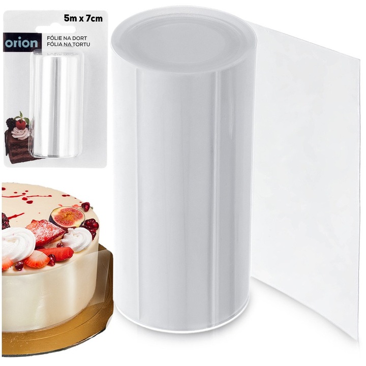 Folie Acetat Pentru Torturi Si Prajituri, Orion, 5 M x 7 cm x 125 Microni, Plastic, Transparent, Banda De Margine Pentru Cofetarie, Protejeaza Marginile Impotriva Uscarii, Asigura O Suprafata Neteda Si Faciliteaza Formarea Straturilor