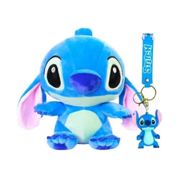 Set cadou Stitch, jucarie de plus 24 cm si breloc, in punga cadou, Velve