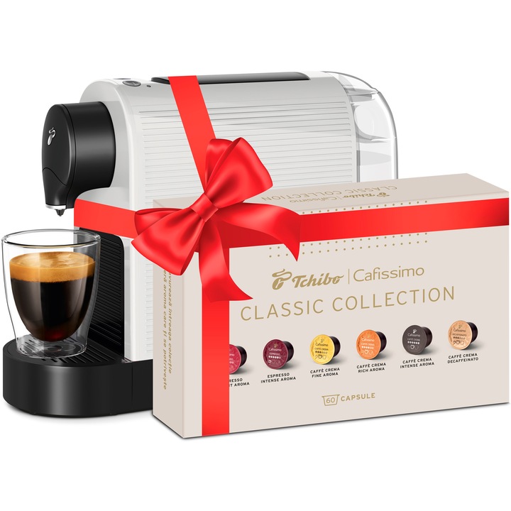Espressor Tchibo Cafissimo Pure Plus 540675, 800 ml, 15 bari, 1250W, capsule, Alb + Classic collection