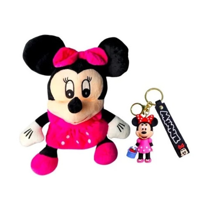 Set cadou Minnie roz, jucarie de plus 35 cm si breloc, in punga cadou, Velve