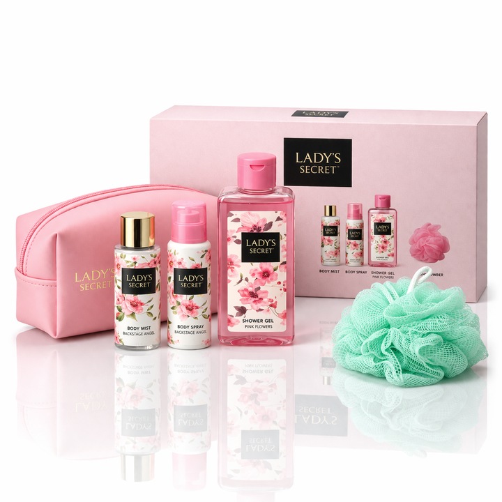 Set cadou femei Lady’s Secret Pink Flowers – Body Mist, Body Spray, Shower Gel & Accesorii