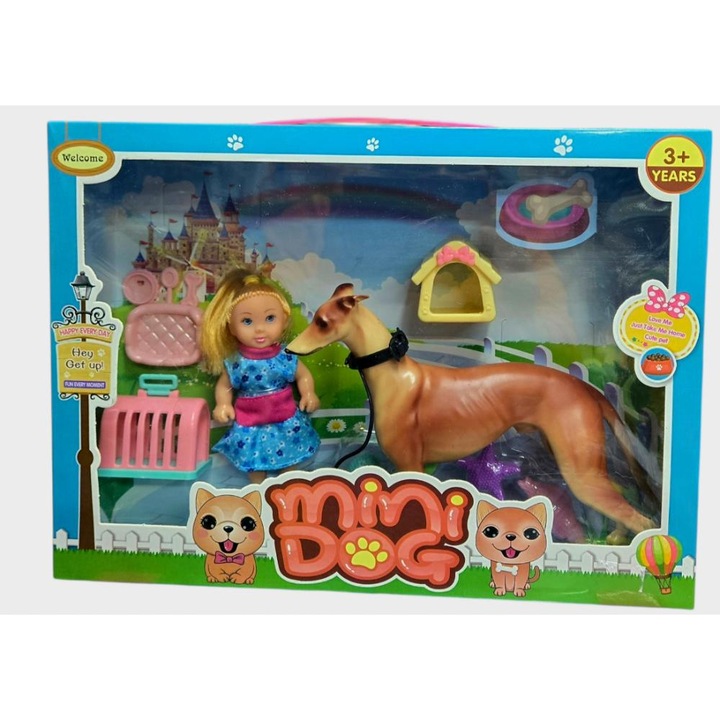 Set papusica cu catel si accesorii ingrijire