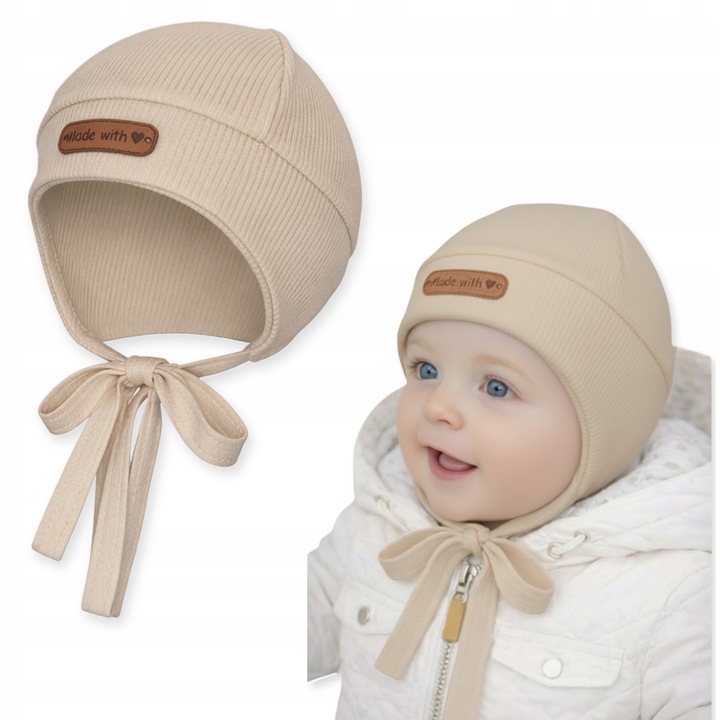 Caciula pilota pentru bebelusi si copii, Dartomik, 36-38, un strat, bej, legata sub barbie