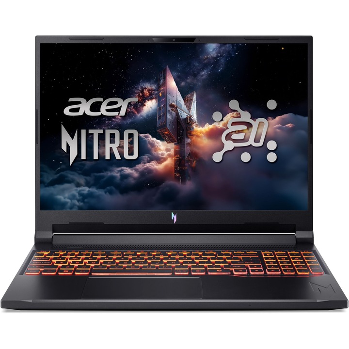 Лаптоп Acer Nitro V16 AI ANV16-61-R5GE с AMD Ryzen AI 7 350 (2.0/5.0GHz, 16M), 24 GB, 1TB M.2 NVMe SSD, NVIDIA RTX 5070 8GB GDDR7 DLSS 4, Без OS, Черен
