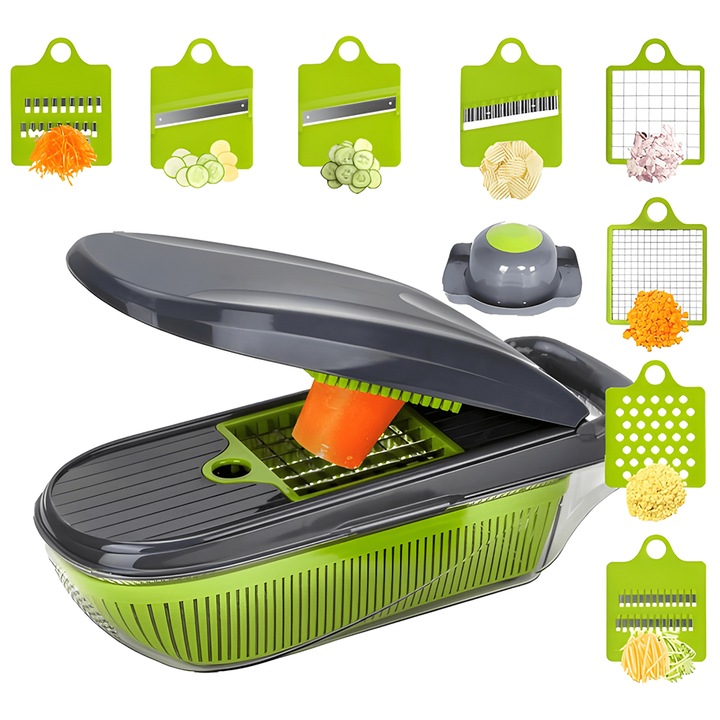 Feliator Manual 10 in 1 Teno®, pentru fructe/legume/branzeturi moi, usor de utilizat, 9 accesorii, piese detasabile, verde
