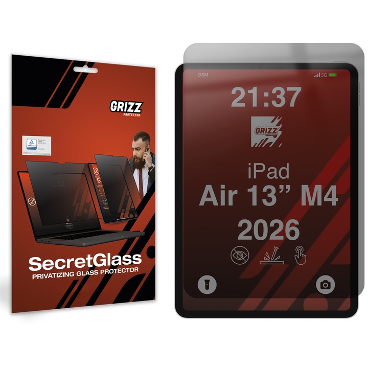 Folie protectie sticla securizata GrizzGlass SecretGlass Privacy compatibila cu iPad Air 13 inch 2024/2025/2026, Negru