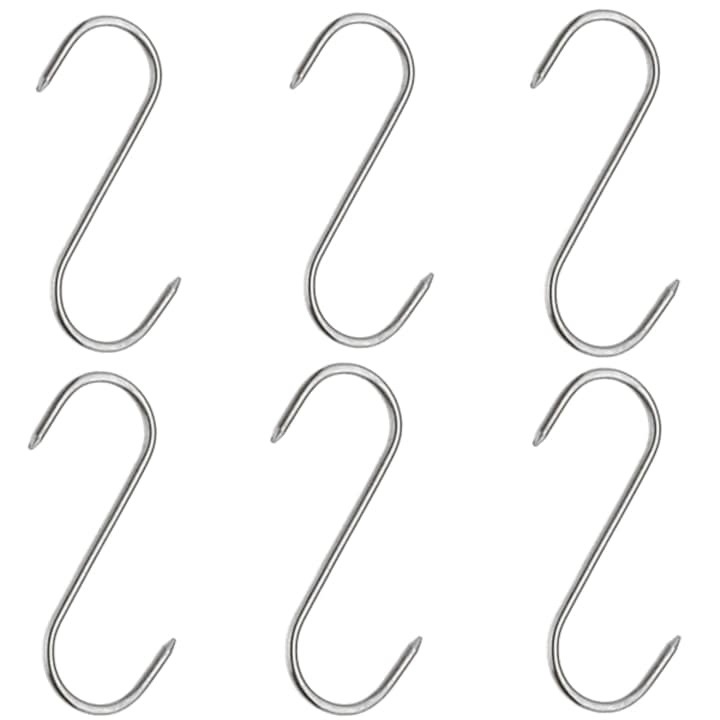 Set 6 carlige inox pentru afumare carne, macelarie, rezistente, sustinere grea, 16 cm, argintiu