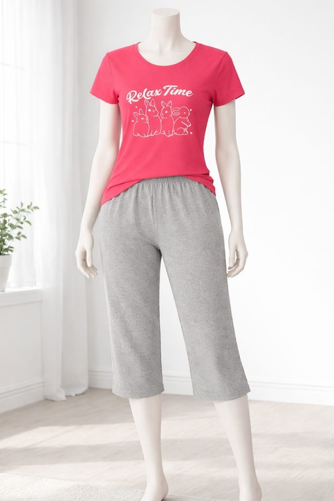 Pijamale dama Toski, set 2 piese, tricou cu imprimeu iepuras, pantaloni 3/4, multicolor, S