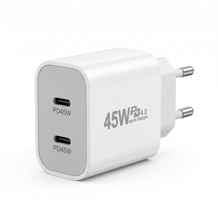 Incarcator retea Wyred by Monga - Power 45CC, Dual Port Type-C, Power Delivery (PD) 4.0, 45W, Alb