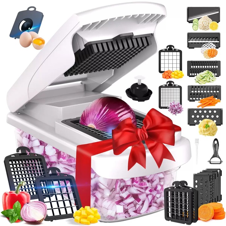 Tocator de Legume 15 in 1, NEVERMORE, Feliator multifunctional, separator de albusuri, maruntitor, feliere, cadou perfect, Lame inox, Alb/Negru