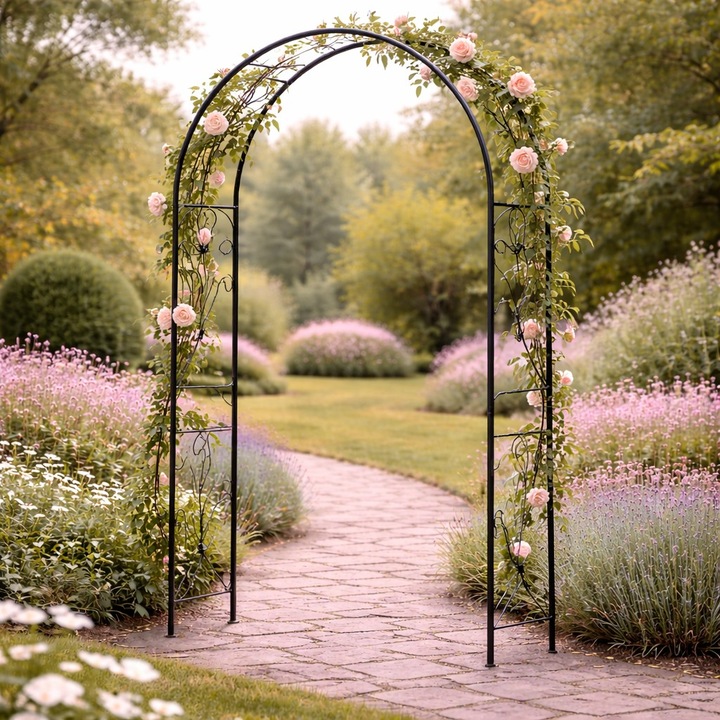 Pergola gradina metalica cu ancore fixare sol, otel vopsit electrostatic, suport plante cataratoare, 114x37x230 cm, verde inchis