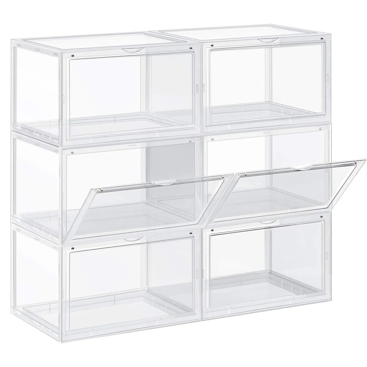 Organizatoare pantofi, transparente cu usa frontala, stivuibile, PVC, 6 cutii x 36x28x22 cm, transparent