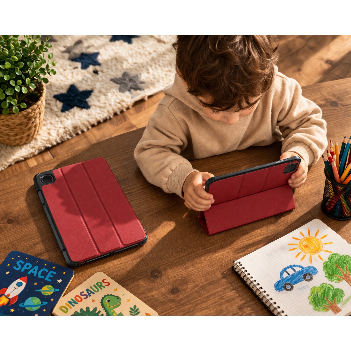 Husă tabletă DAMUR pentru Xiaomi Redmi Pad 2, Protecție 360, Piele ECO, Roșu