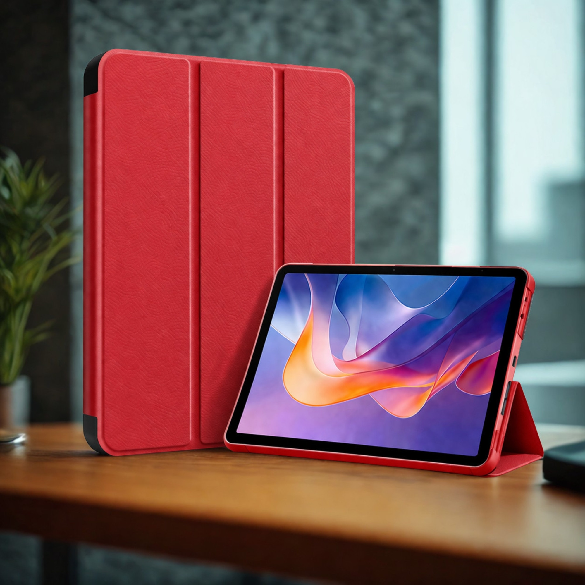 Husă tabletă DAMUR pentru Xiaomi Redmi Pad 2, Protecție 360, Piele ECO, Roșu