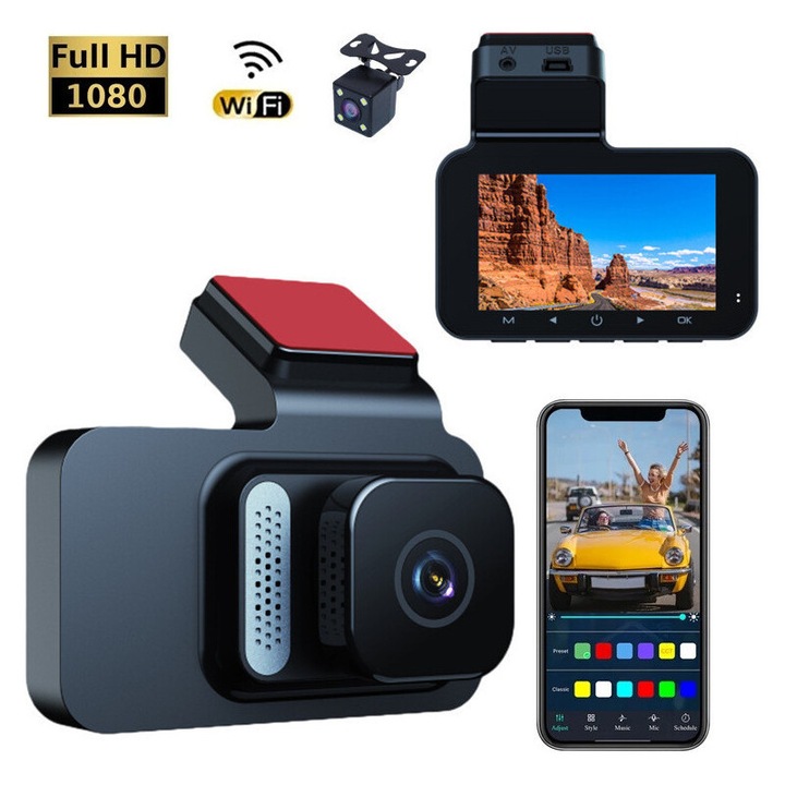 Autós DVR kamera, 3 hüvelykes, 1080p, dupla lencse, WiFi, kettős felvétel, 150°-os látószög