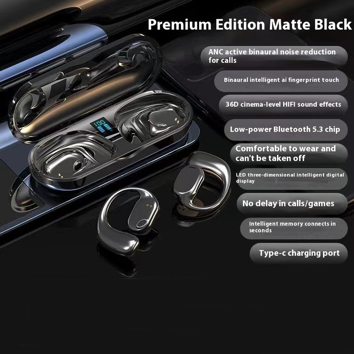 Casti wireless Bluetooth cu conductie osoasa, design cu carlig pentru ureche, negru, set