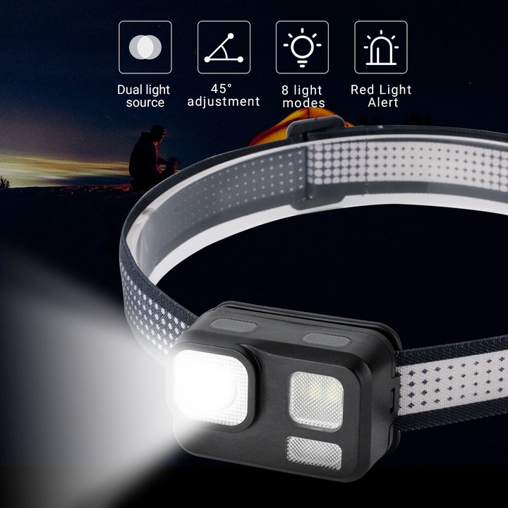 Lanterna LED, set cu 8 moduri de iluminare, unghi ajustabil, culoare neagra, alimentare cu 3 baterii AAA