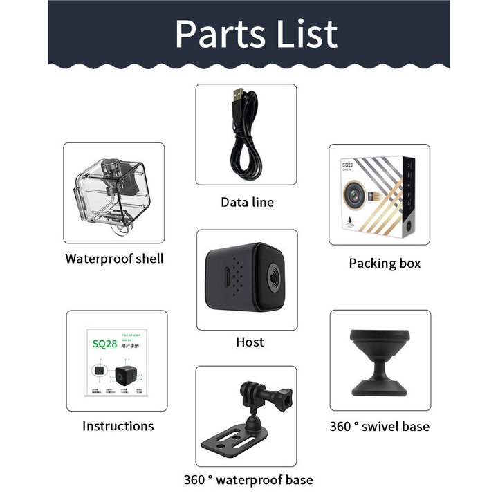 Camera video sport, 2K, stabilizare gimbal 5 axe, unghi larg, conectivitate WiFi, set portabil